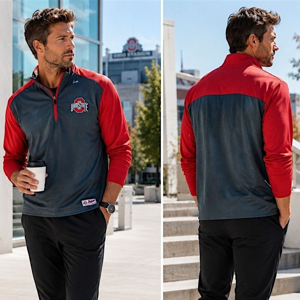Ohio State L Gameday Knit Buckeyes Gray Red 1/4 Zip Pullover Licensed Athleisure